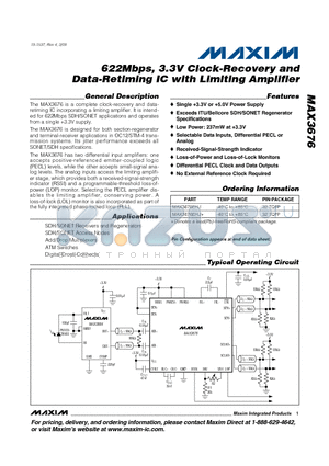 MAX3676EHJ+ datasheet - 622Mbps, 3.3V Clock-Recovery and Data-Retiming IC with Limiting Amplifier