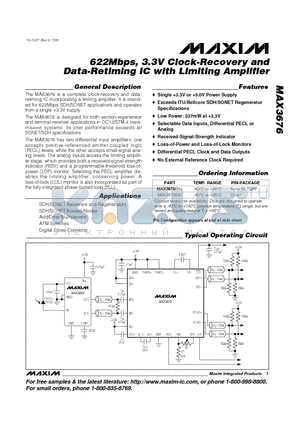 MAX3676 datasheet - 622Mbps, 3.3V Clock-Recovery and Data-Retiming IC with Limiting Amplifier