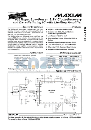 MAX3675 datasheet - 622Mbps, Low-Power, 3.3V Clock-Recovery and Data-Retiming IC with Limiting Amplifier