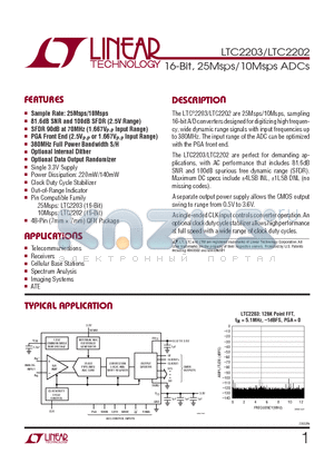 LTC2203 datasheet - 16-Bit, 25Msps/10Msps ADCs