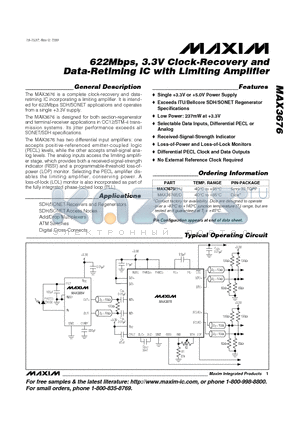MAX3676EHJ datasheet - 622Mbps, 3.3V Clock-Recovery and Data-Retiming IC with Limiting Amplifier