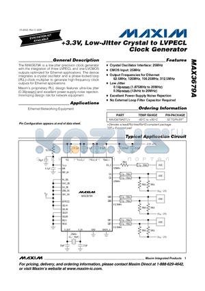 MAX3679AETJ+ datasheet - 3.3V, Low-Jitter Crystal to LVPECL Clock Generator