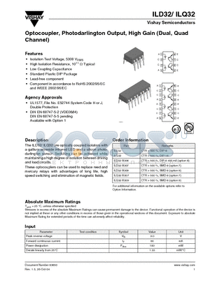 ILD32-X009 datasheet - Optocoupler, Photodarlington Output, High Gain (Dual, Quad Channel)