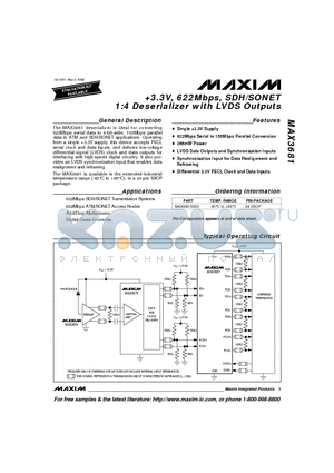 MAX3681 datasheet - 3.3V, 622Mbps, SDH/SONET 1:4 Deserializer with LVDS Outputs