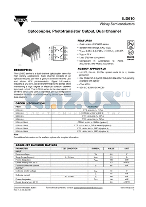 ILD610 datasheet - Optocoupler, Phototransistor Output, Dual Channel
