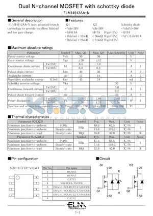 ELM14912AA-N datasheet - Dual N-channel MOSFET with schottky diode