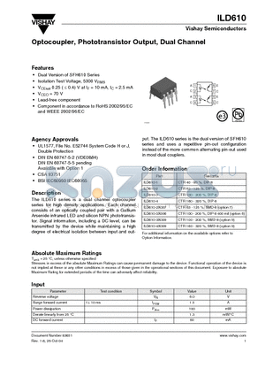 ILD610-1 datasheet - Optocoupler, Phototransistor Output, Dual Channel