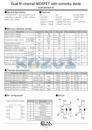 ELM14914AA-N datasheet - Dual N-channel MOSFET with schottky diode