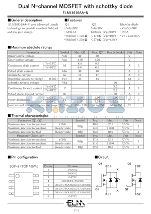 ELM14916AA-N datasheet - Dual N-channel MOSFET with schottky diode