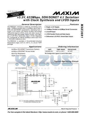 MAX3691ECJ datasheet - 3.3V, 622Mbps, SDH/SONET 4:1 Serializer with Clock Synthesis and LVDS Inputs