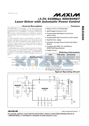 MAX3668EHJ datasheet - 3.3V, 622Mbps SDH/SONET Laser Driver with Automatic Power Control