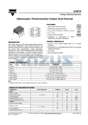 ILD610-3X009 datasheet - Optocoupler, Phototransistor Output, Dual Channel