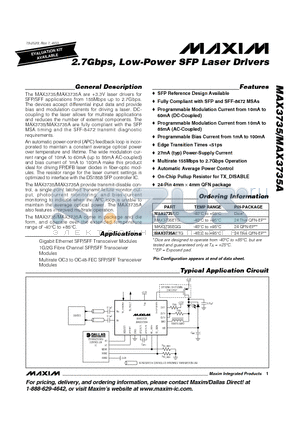 MAX3735AETG datasheet - 2.7Gbps, Low-Power SFP Laser Drivers