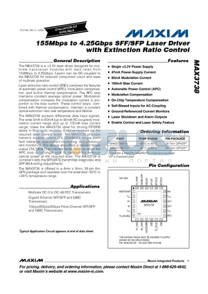 MAX3738ETG+ datasheet - 155Mbps to 4.25Gbps SFF/SFP Laser Driver with Extinction Ratio Control