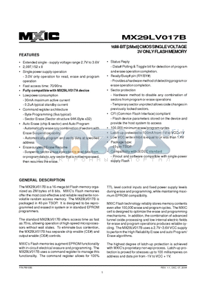 MX29LV017B datasheet - 16M-BIT [2Mx8] CMOS SINGLE VOLTAGE 3V ONLY FLASH MEMORY