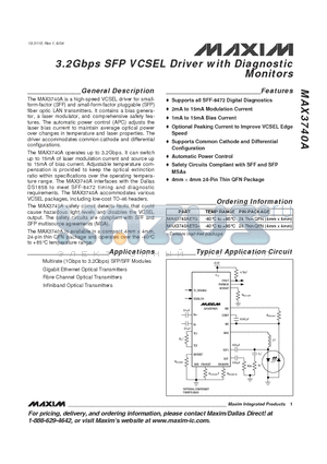 MAX3740A datasheet - 3.2Gbps SFP VCSEL Driver with Diagnostic Monitors