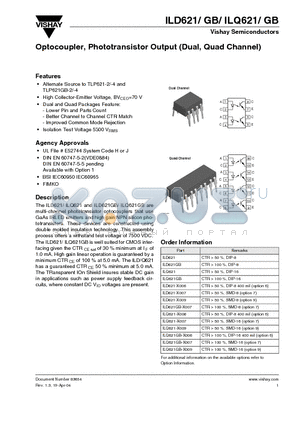 ILD621GB-X007 datasheet - Optocoupler, Phototransistor Output (Dual, Quad Channel)