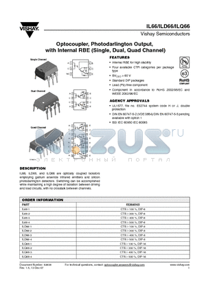 ILD66 datasheet - Optocoupler, Photodarlington Output, with Internal RBE (Single, Dual, Quad Channel)