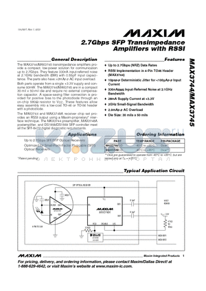 MAX3745E datasheet - 2.7Gbps SFP Transimpedance Amplifiers with RSSI