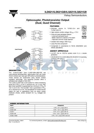 ILD621GB datasheet - Optocoupler, Phototransistor Output