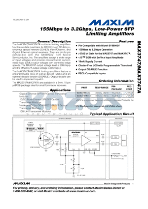 MAX3747 datasheet - 155Mbps to 3.2Gbps, Low-Power SFP Limiting Amplifiers