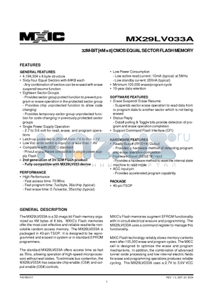 MX29LV033A datasheet - 32M-BIT [4M x 8] CMOS EQUAL SECTOR FLASH MEMORY