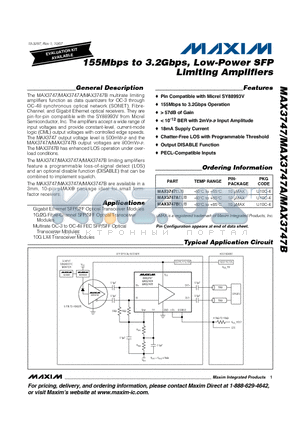 MAX3747BEUB datasheet - 155Mbps to 3.2Gbps, Low-Power SFP Limiting Amplifiers