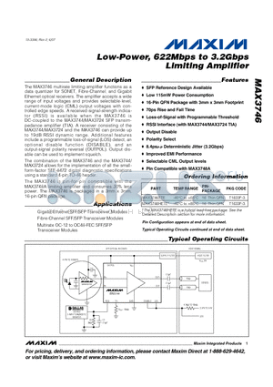 MAX3746 datasheet - Low-Power, 622Mbps to 3.2Gbps Limiting Amplifier