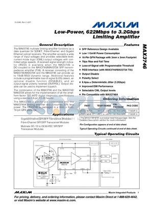 MAX3746ETE datasheet - Low-Power, 622Mbps to 3.2Gbps Limiting Amplifier