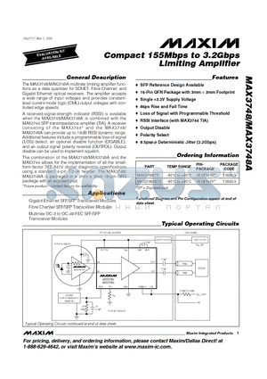 MAX3748 datasheet - Compact 155Mbps to 3.2Gbps Limiting Amplifier