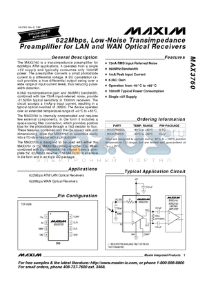 MAX3760 datasheet - 622Mbps, Low-Noise Transimpedance Preamplifier for LAN and WAN Optical Receivers