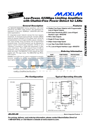 MAX3761 datasheet - Low-Power, 622Mbps Limiting Amplifiers with Chatter-Free Power Detect for LANs