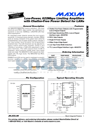 MAX3761C/D datasheet - Low-Power, 622Mbps Limiting Amplifiers with Chatter-Free Power Detect for LANs