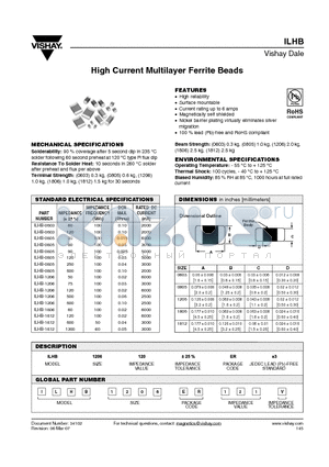 ILHB-0805 datasheet - High Current Multilayer Ferrite Beads