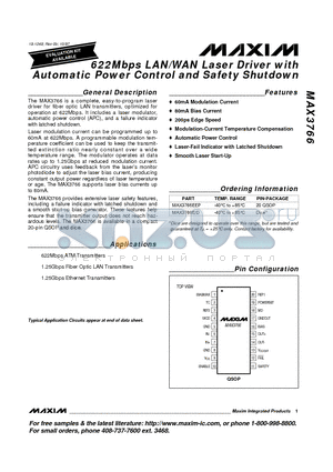 MAX3766 datasheet - 622Mbps LAN/WAN Laser Driver with Automatic Power Control and Safety Shutdown