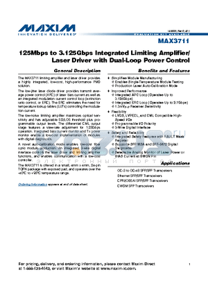 MAX3711 datasheet - 125Mbps to 3.125Gbps Integrated Limiting Amplifier/Laser Driver with Dual-Loop Power Control