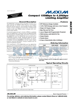MAX3748ETE datasheet - Compact 155Mbps to 4.25Gbps Limiting Amplifier 86ps Rise and Fall Time