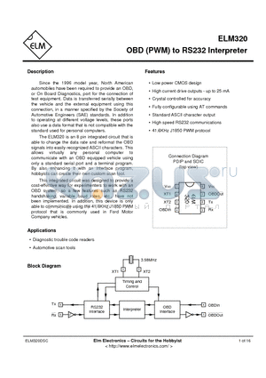 ELM320P datasheet - OBD (PWM) TO RS232 INTERPRETER