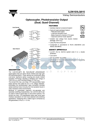 ILQ615-2X007 datasheet - Optocoupler, Phototransistor Output (Dual, Quad Channel)