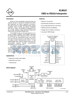 ELM327SM datasheet - OBD to RS232 Interpreter