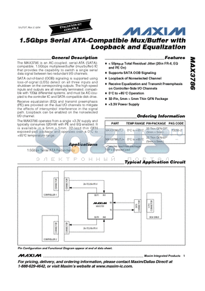 MAX3786UTJ+ datasheet - 1.5Gbps Serial ATA-Compatible Mux/Buffer with Loopback and Equalization