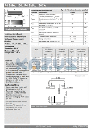P4SMAJ150A datasheet - Surface mount diode Unidirectional and bidirectional Transient Voltage Suppressor diodes