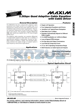 MAX3802 datasheet - 3.2Gbps Quad Adaptive Cable Equalizer with Cable Driver