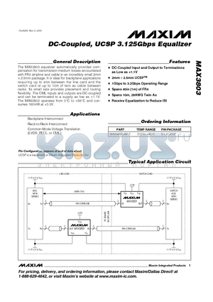 MAX3803 datasheet - DC-Coupled, UCSP 3.125Gbps Equalizer