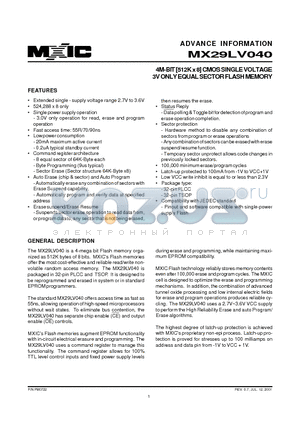 MX29LV040 datasheet - 4M-BIT [512K x 8] CMOS SINGLE VOLTAGE 3V ONLY EQUAL SECTOR FLASH MEMORY