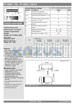 P4SMAJ150_07 datasheet - Surface mount diode Unidirectional and bidirectional Transient Voltage Suppressor diodes