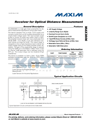 MAX3806 datasheet - Receiver for Optical Distance Measurement