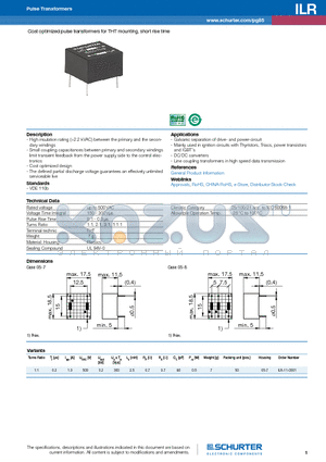 ILR-11-0001 datasheet - Cost optimized pulse transformers for THT mounting, short rise time