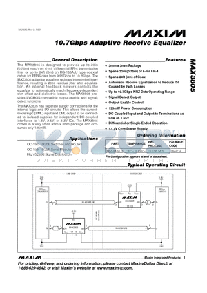 MAX3805 datasheet - 10.7Gbps Adaptive Receive Equalizer