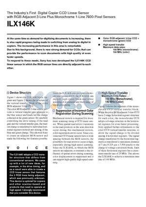 ILX146K datasheet - The Industrys First Digital Copier CCD Linear Sensor with RGB Adjacent 3-Line Plus Monochrome 1-Line 7600-Pixel Sensors